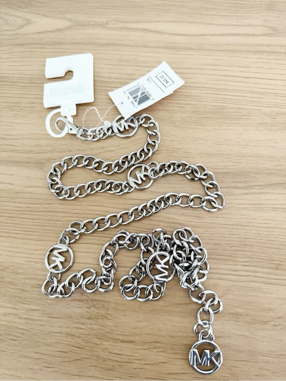 NEW Michael Michael Kors Silver-Tone MK Logo Adjustable Chain Belt Size L/XL
